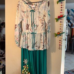 VINTAGE SHADOWLINE One piece, sheer tan floral off the shoulder, wide leg pant